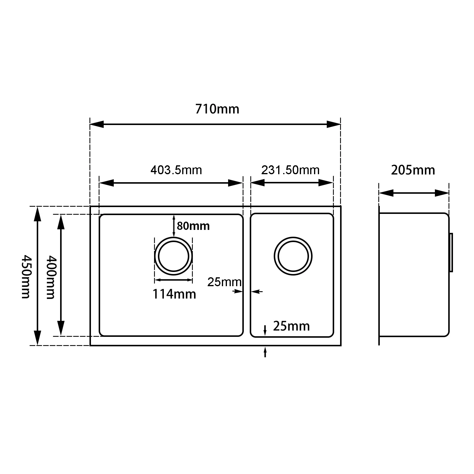 Aquaperla Round Corner Dark Grey Stainless Steel Handmade 1 and 1/2 Bowl Kitchen Sink 710 x 450 x 205mm