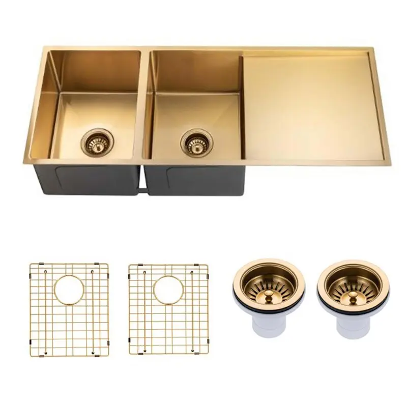 Aquaperla Round Corner Handmade Double Bowl with Drain Board Kitchen Sink 1160 x 460 x 230mm