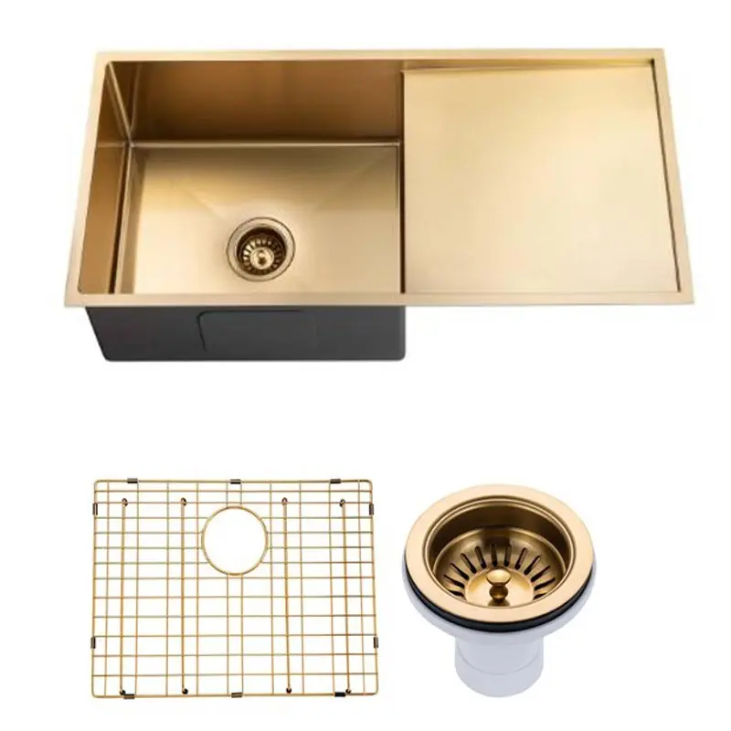 Aquaperla Round Corner Handmade Single Bowl with Drain Board Kitchen Sink 960 x 450 x 230mm