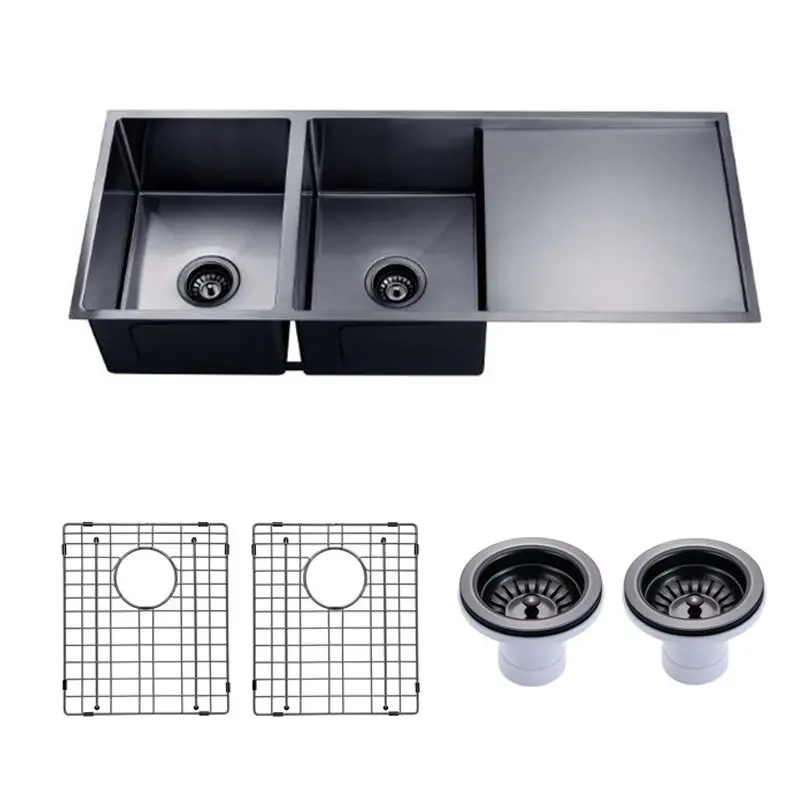 Aquaperla Round Corner Handmade Double Bowl with Drain Board Kitchen Sink 1160 x 460 x 230mm