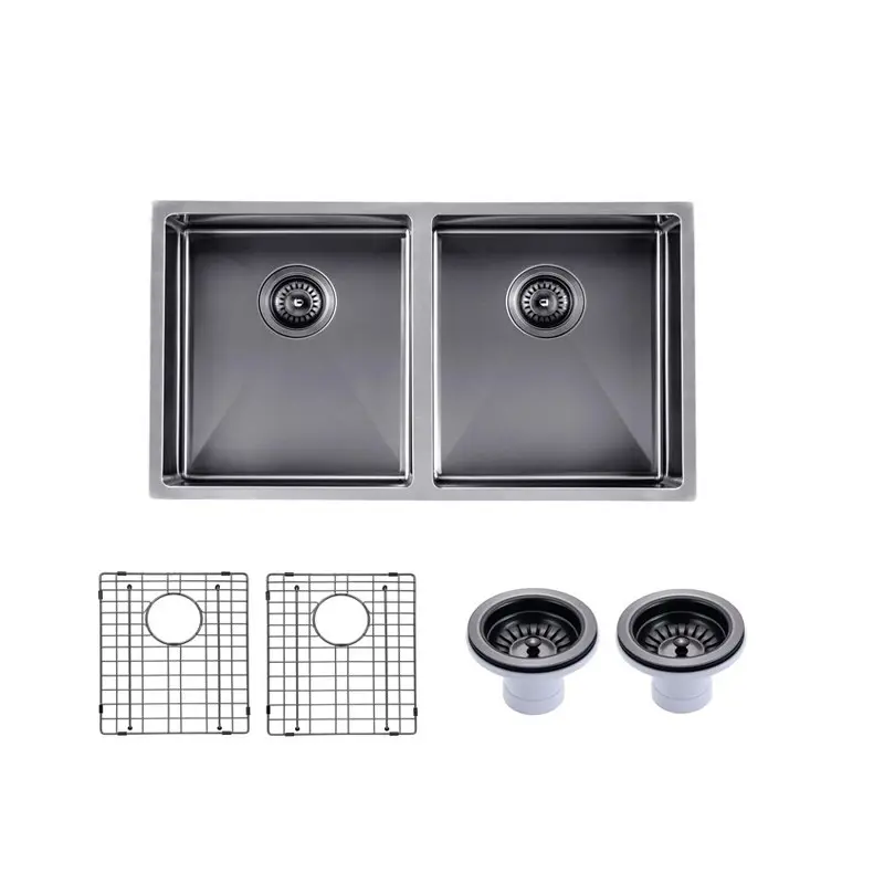Aquaperla Round Corner Handmade Double Bowl with Drain Board Kitchen Sink 1160 x 460 x 230mm