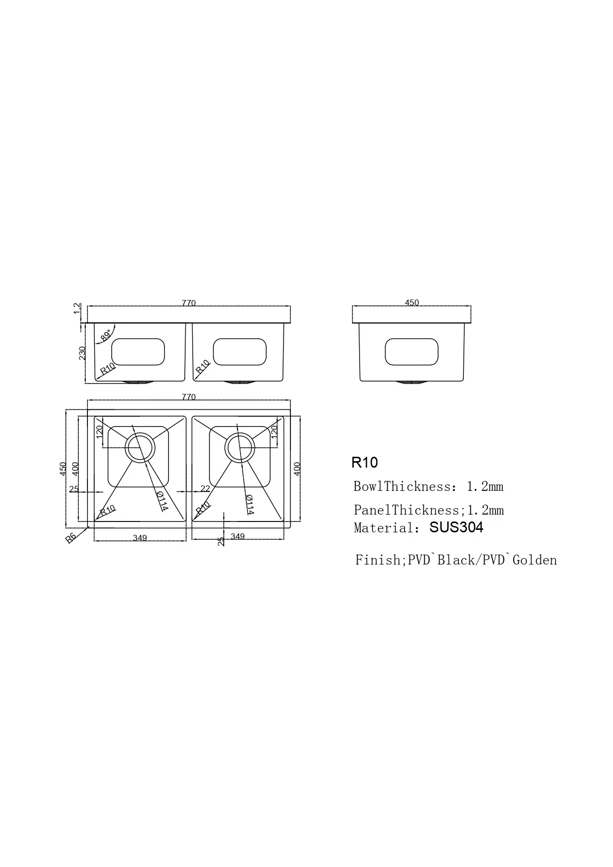 770x450mm Handmade Stainless Steel Kitchen Sink – 1.2mm Thick | 304 Grade | Available in Multiple Colours