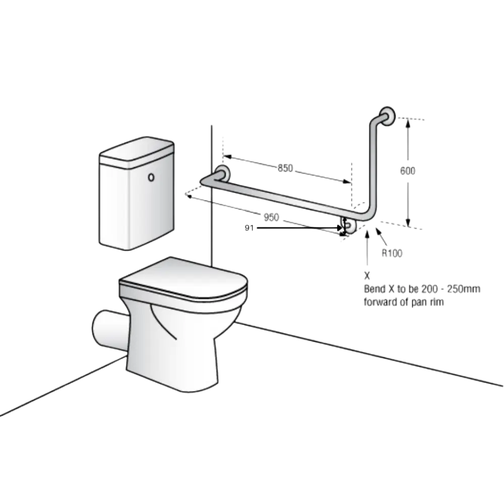 90° Flush Mount Side Wall LH Grab Rail in Satin Stainless Steel