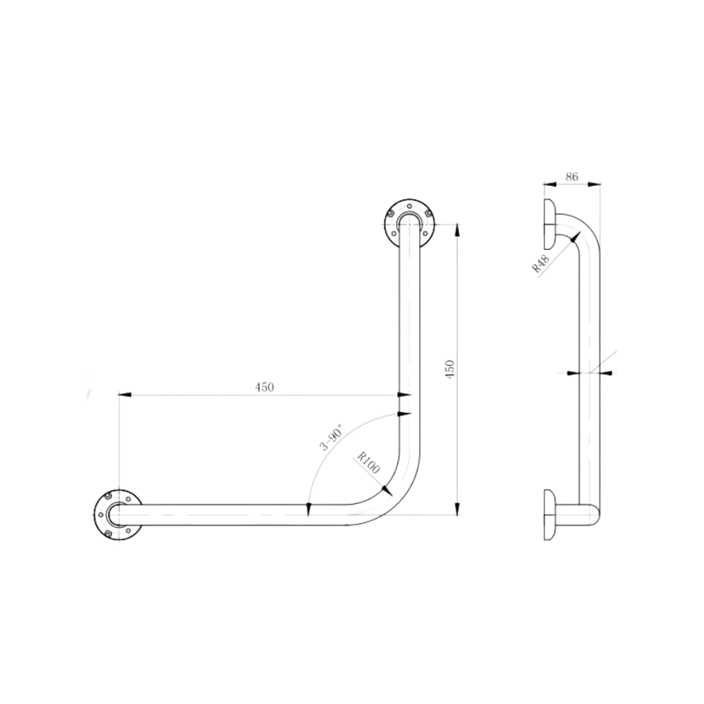 90° Ambulant Grab Rail in Satin Stainless Steel