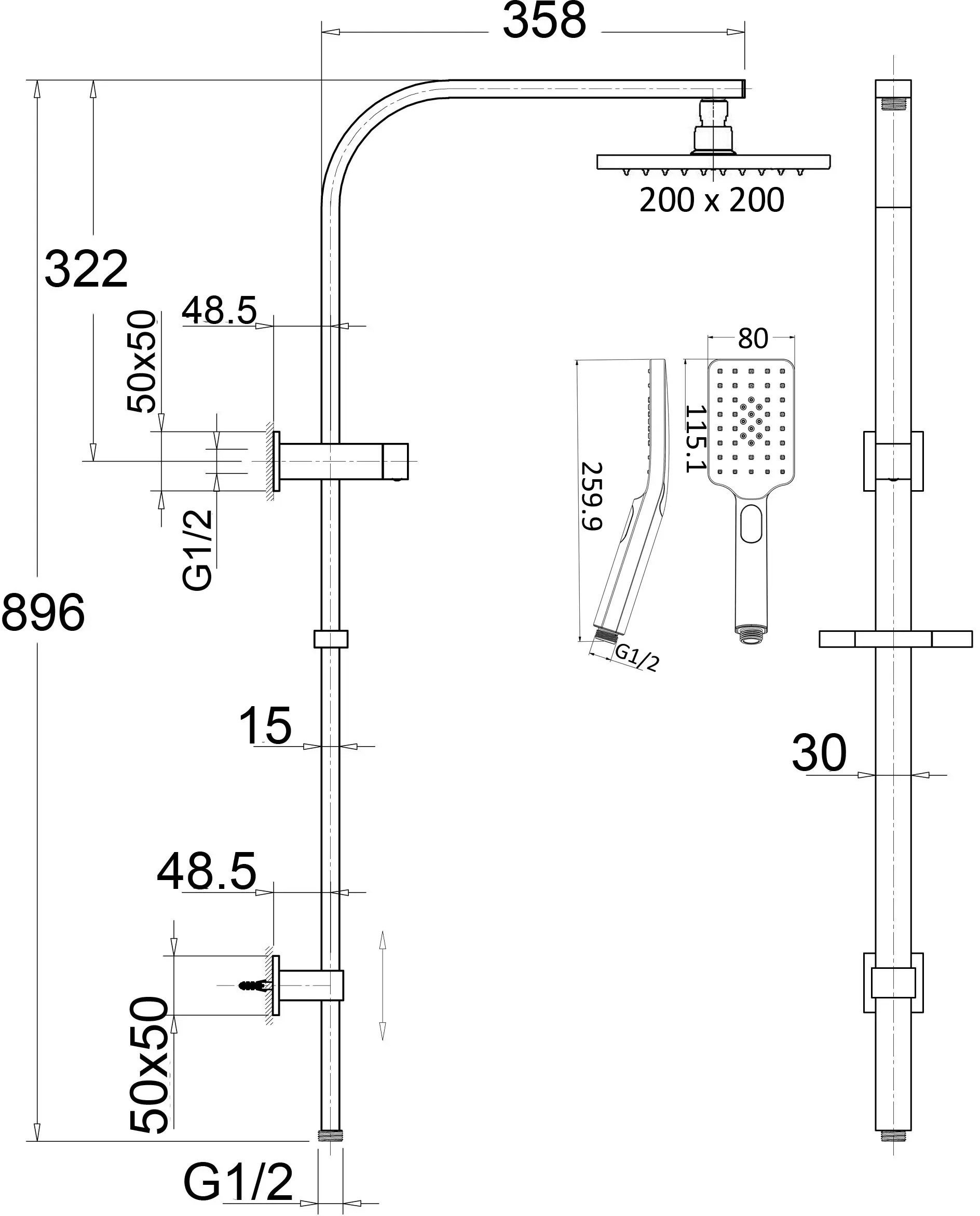 Eden Shower Set Multifunction 200mm - Brushed Nickel