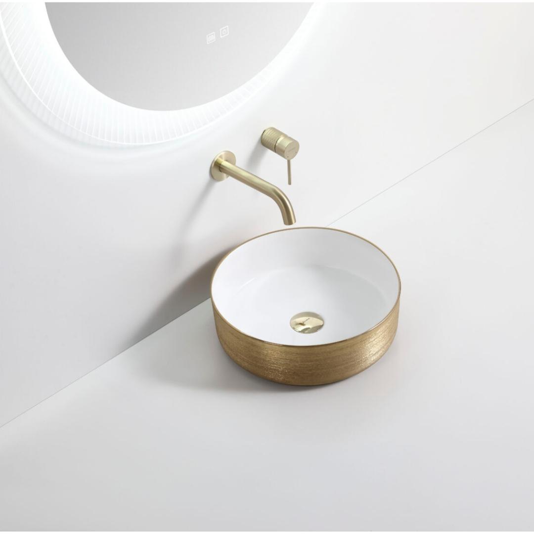 3018 Round Brushed Glod & Gloss White Ceramic Above Counter Basin
