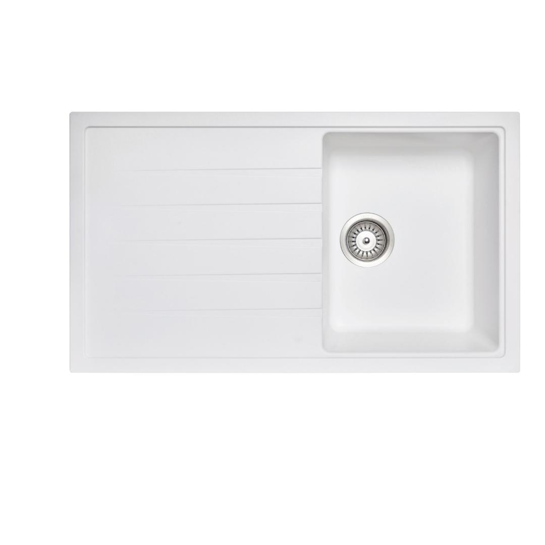 White Carysil Vivaldi D-100 Granite Single Bowl with Drain Board Kitchen Sink (860×500 mm)