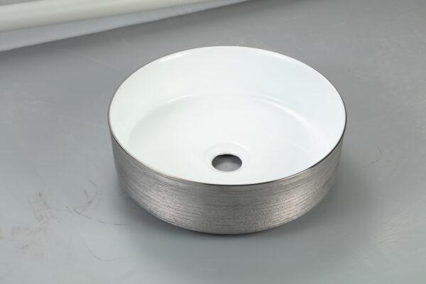 3018 Round Brushed Silver & Gloss White Ceramic Above Counter Basin