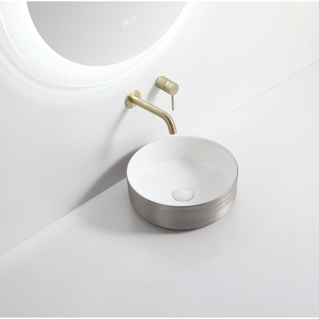 3018 Round Brushed Silver & Gloss White Ceramic Above Counter Basin