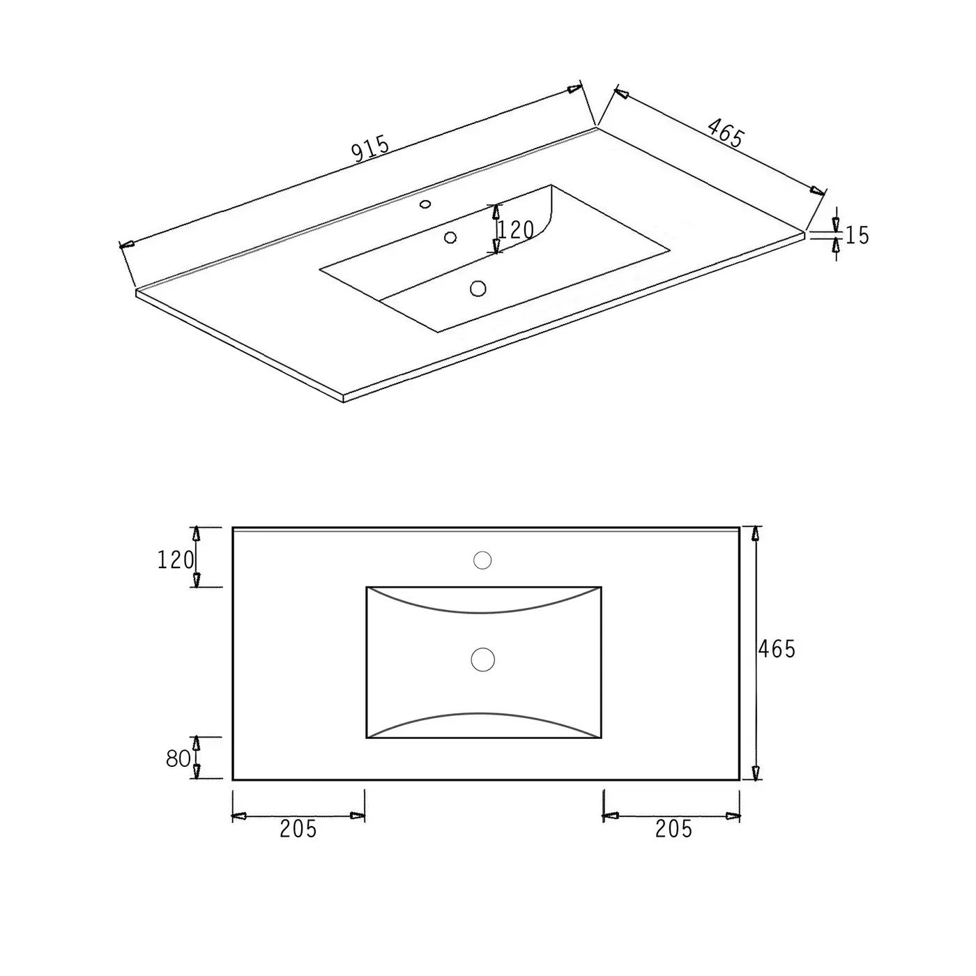 Slim Line Ceramic Top 900x460x170 with Taphole & Overflow