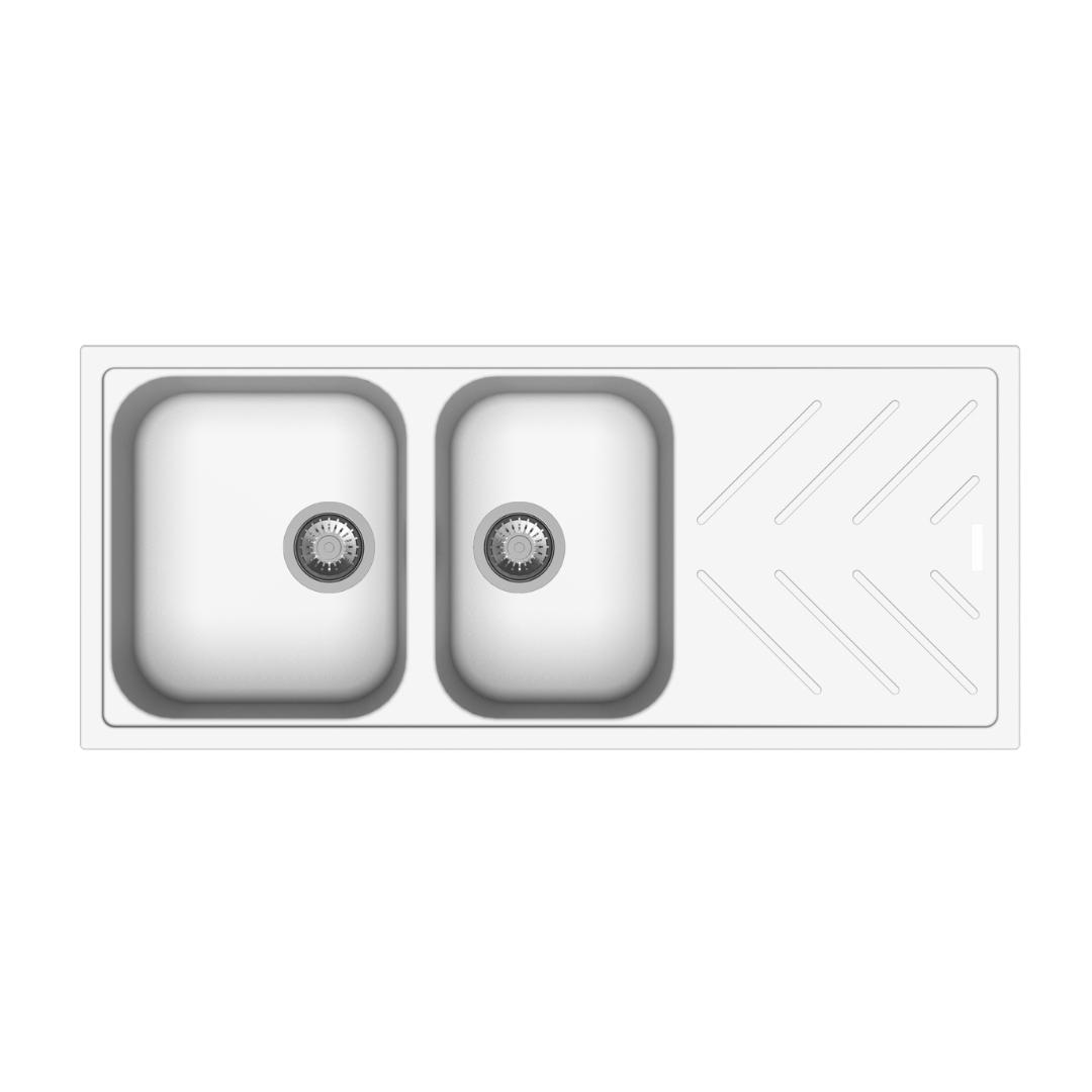 White Carysil New Beethoven D200 Granite 1 and 3/4 Bowl with Drain Board Stone Kitchen Sink 1160*500mm