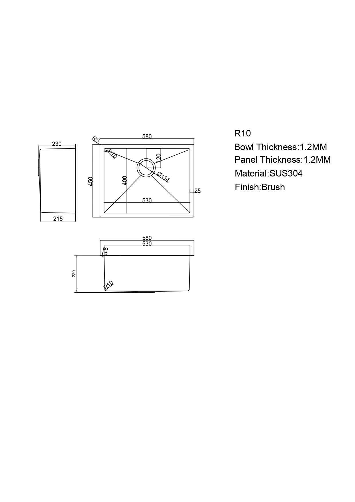 580x450mm Handmade  Stainless Steel Sink – 1.2mm Thick | 304 Grade