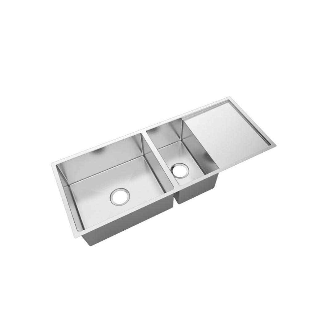 Aquaperla Round Corner Chrome Stainless Steel Handmade 1 and 1/2 Bowl Kitchen Sink with Drain Board 1160*460*230mm