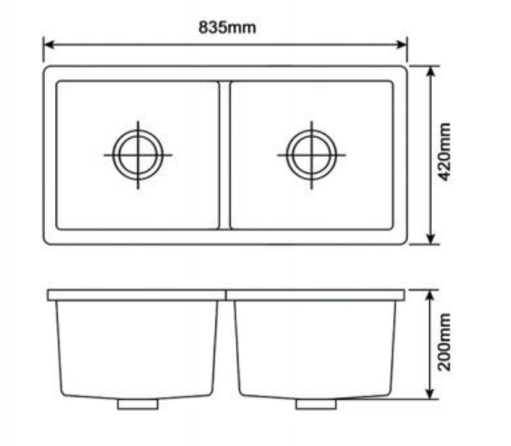 835 x 420mm Black Granite Sink – Double Bowl | Scratch & Stain Resistant