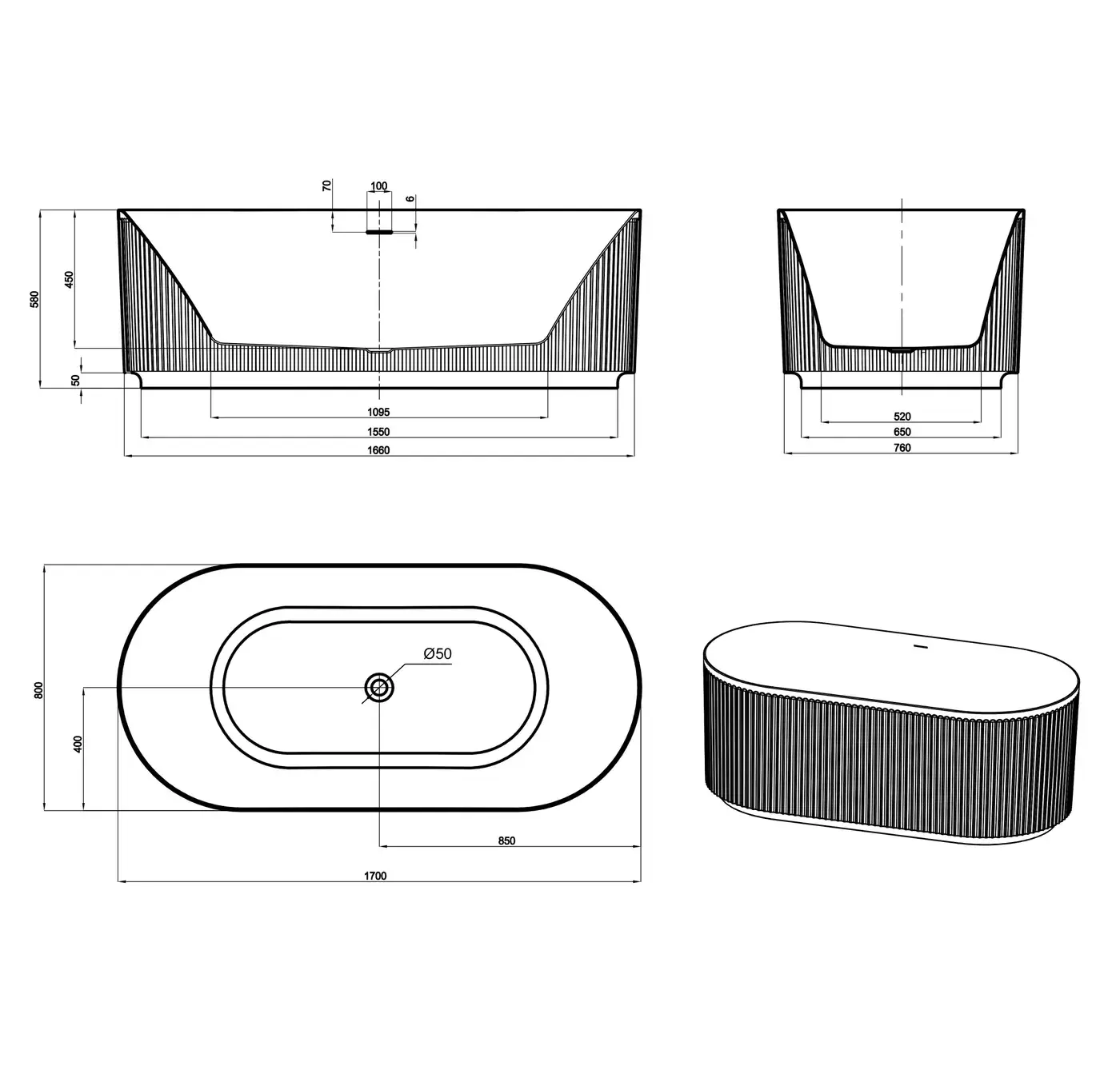 Attica Havana Fluted with Overflow Bath