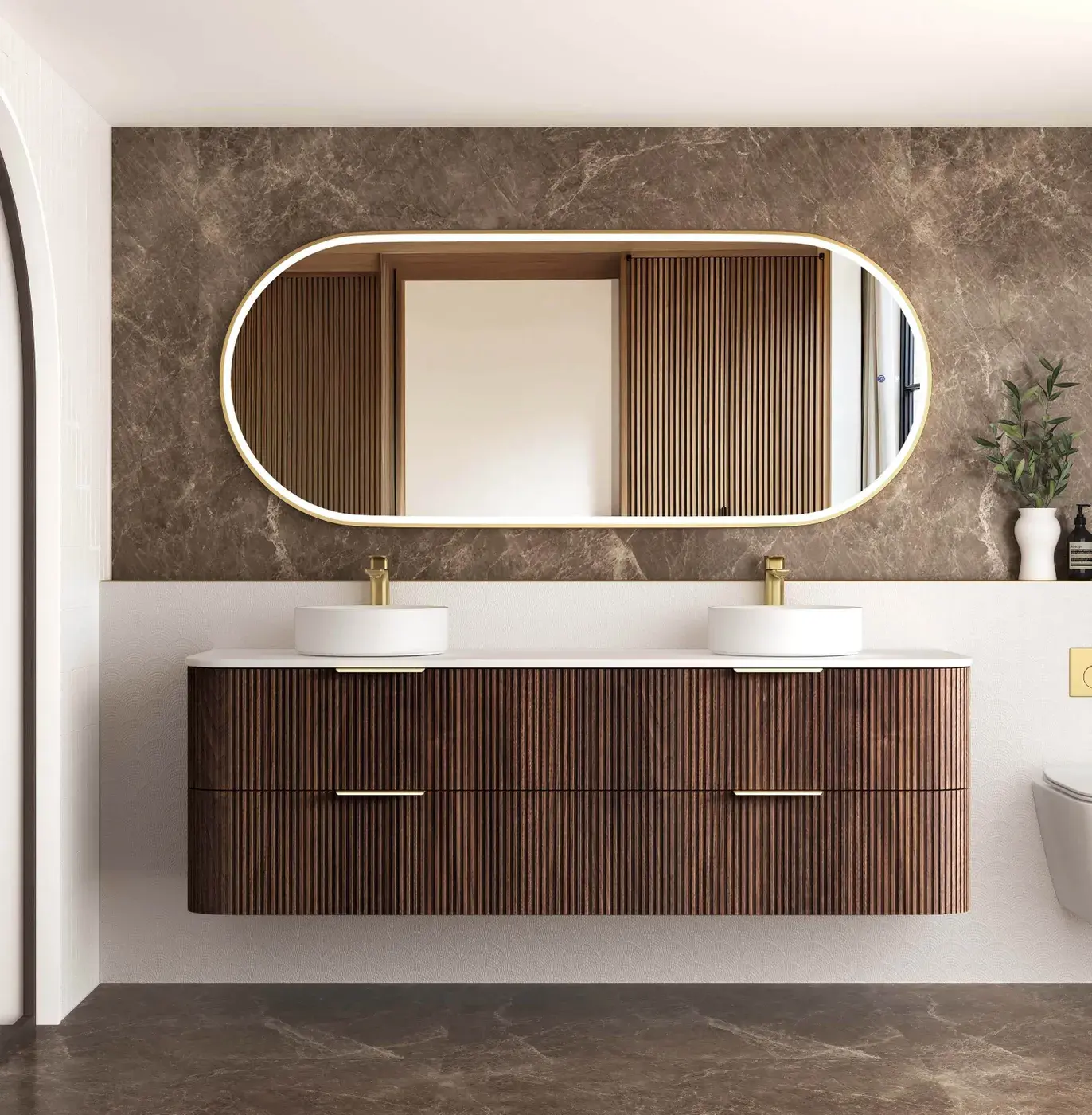 Havana Fluted 1800mm Sable Walnut Wall Hung Curve Vanity