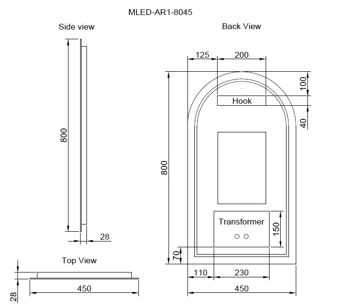 Riva AR1 800x450mm Three Colors Backlit Arch LED Mirror
