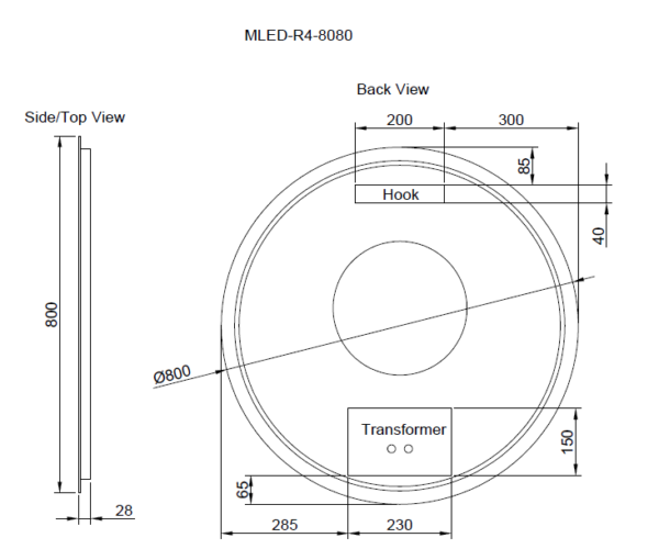 Riva R4 Three Color Lights Backlit Round LED Mirror, with Defogging Function, Easy Hook - MLED-R4-8080 800x800mm