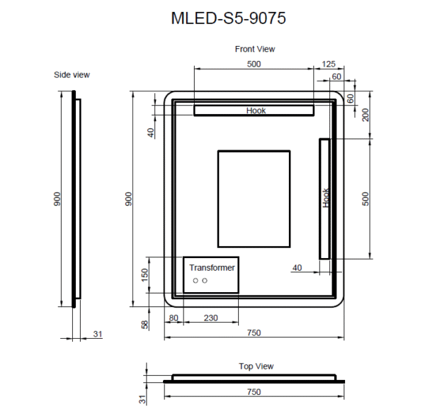 Riva S5 Three Color Lights Backlit Rectangle Square LED Mirror, with Defogging Function, Easy Hook - MLED-S5-7590 750x900x45mm