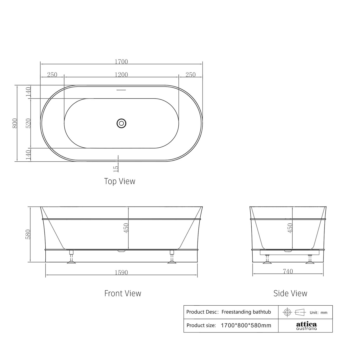 Otti Attica Bondi 1700 Matte White Bath with Overflow