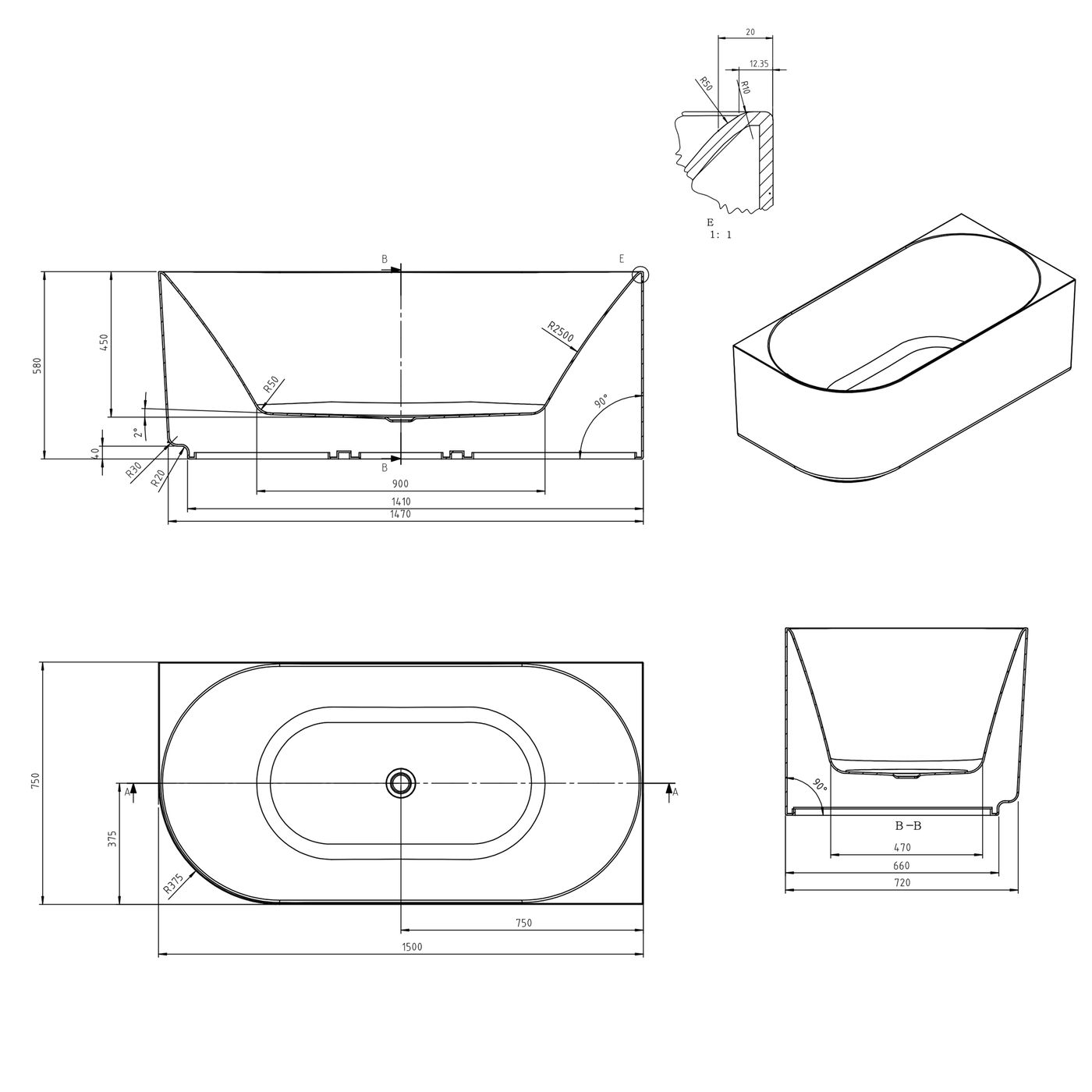 Otti Attica Celine Right Corner 1500 Matte White Bath with Overflow