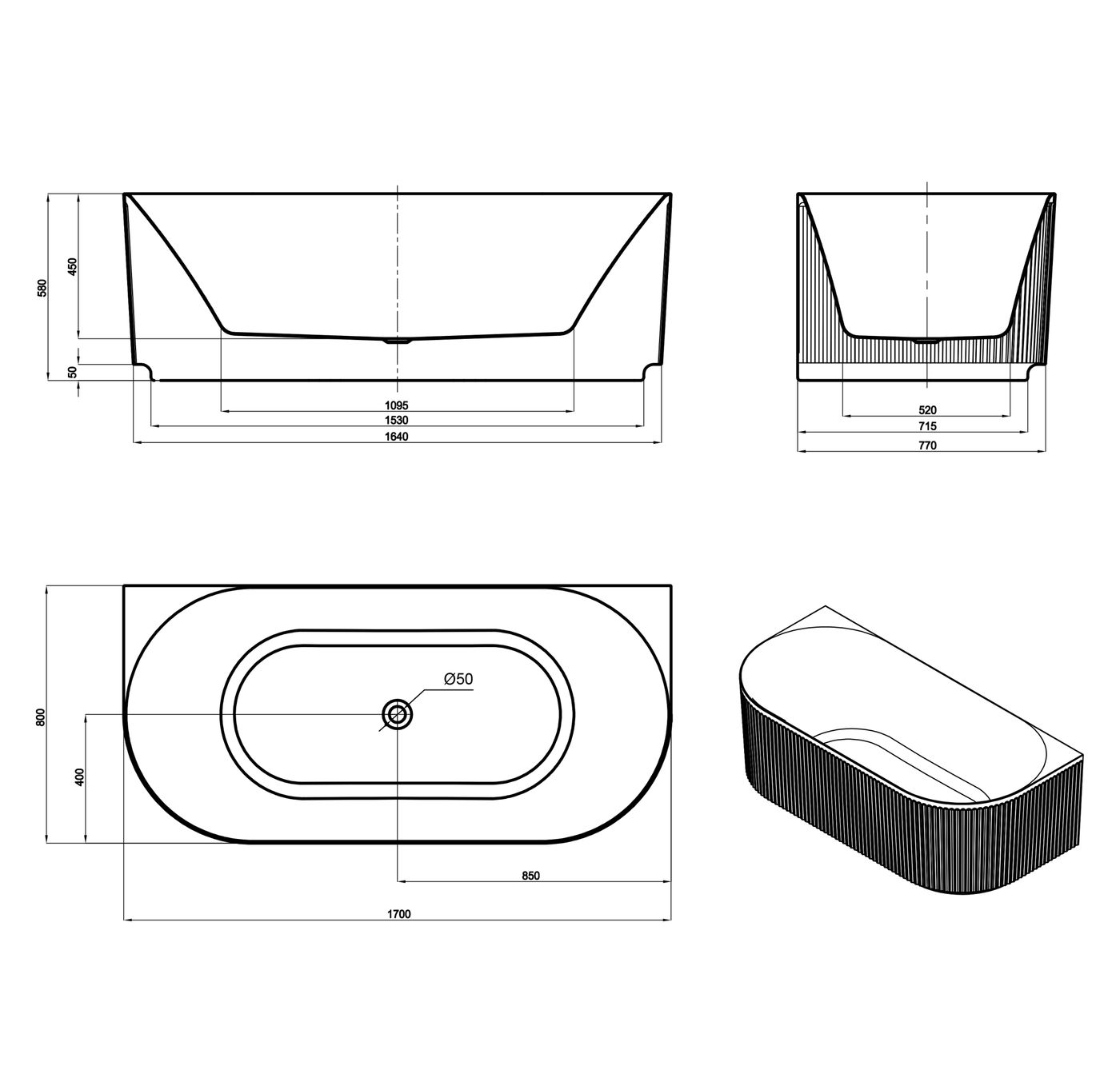 Attica Havana BTW Multi-fit Fluted with Overflow Bath
