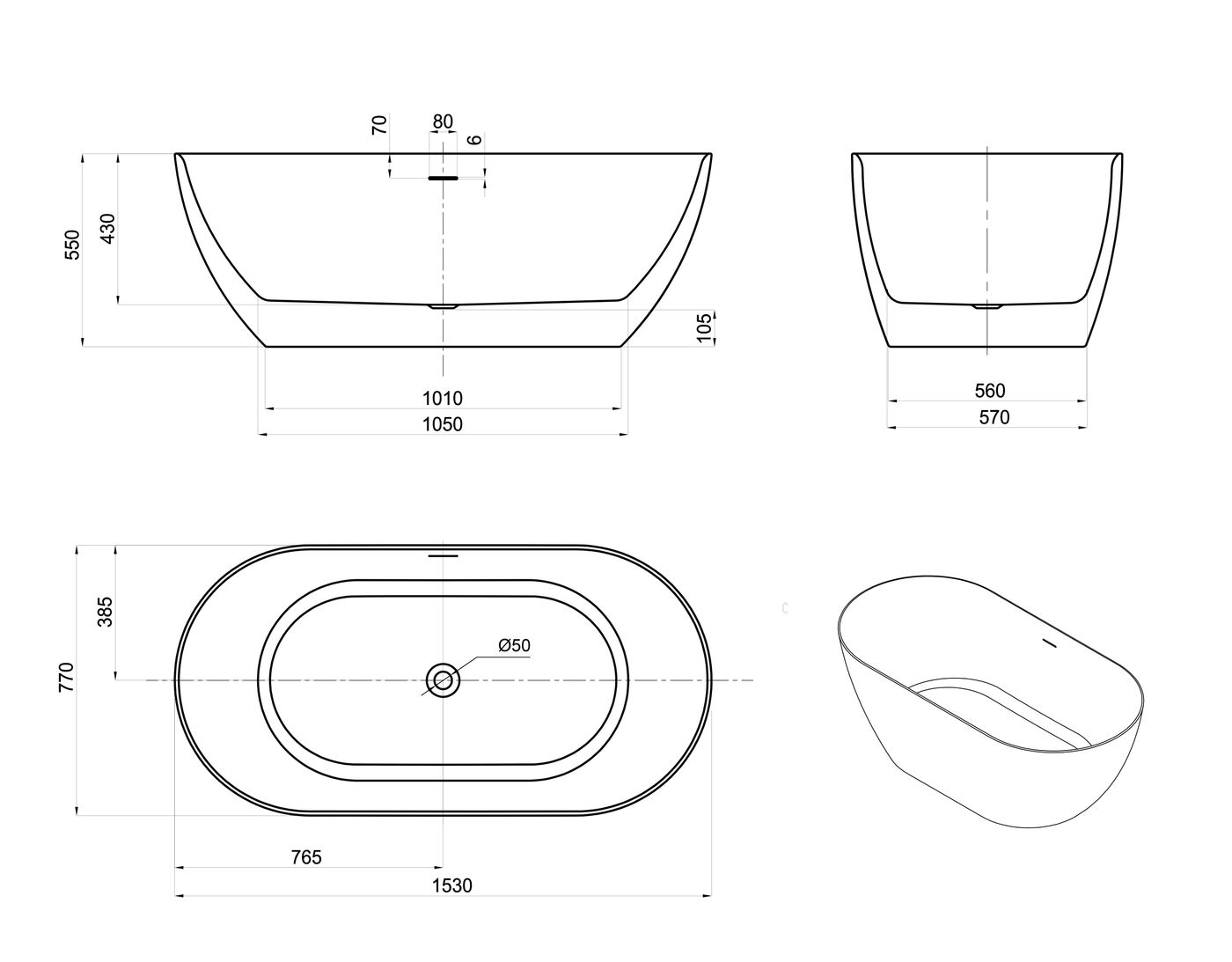 Otti Attica Manolo 1530 Matte White Bath with Overflow