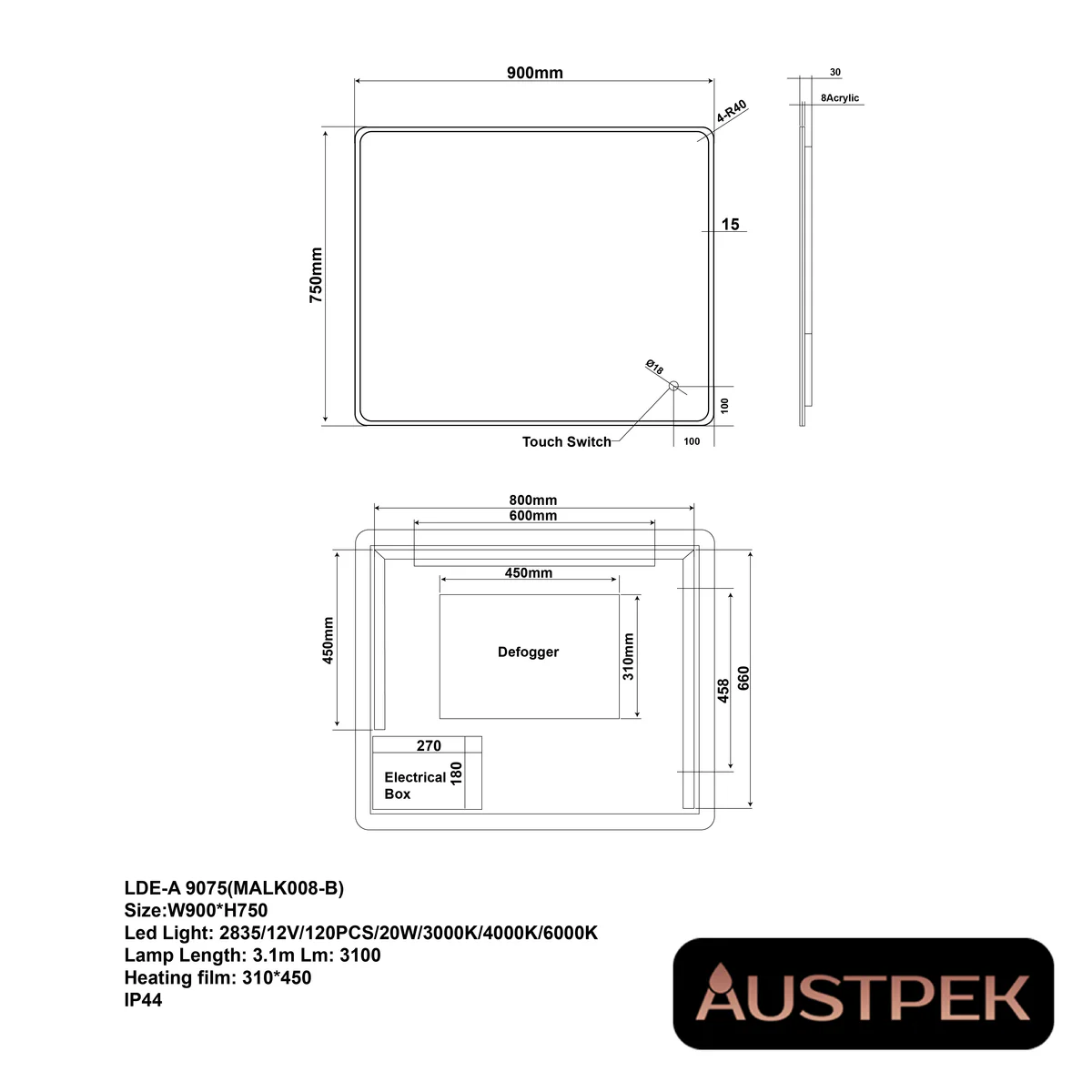 900*750mm Curved Rim Rectangle 3 Color Lighting Front & Backlit Acrylic LED Mirror Touch Sensor Switch Wall Mounted Vertical or Horizontal