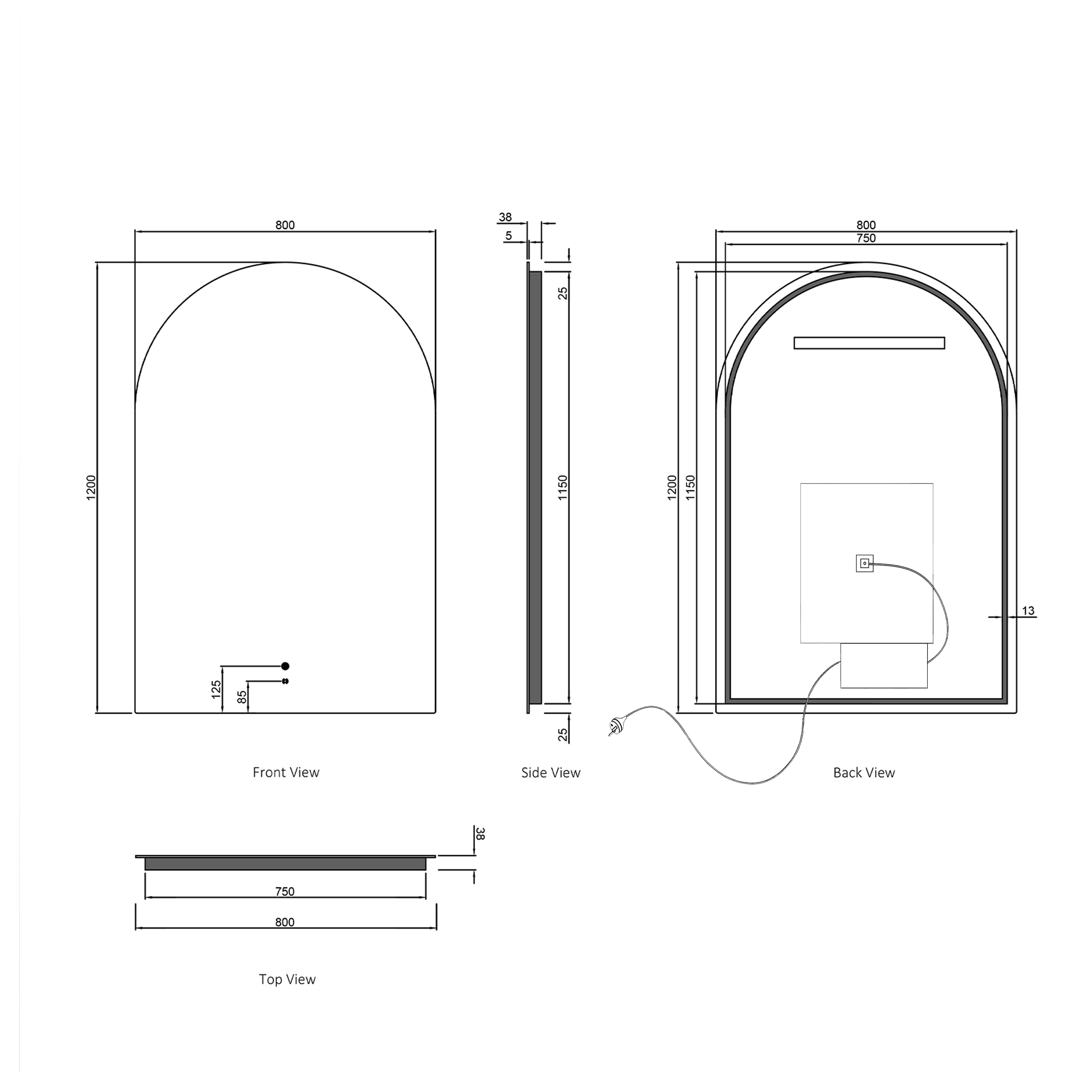 OTTI LED Archie 1200(H)x800(W) Frameless Tuffi Mirror