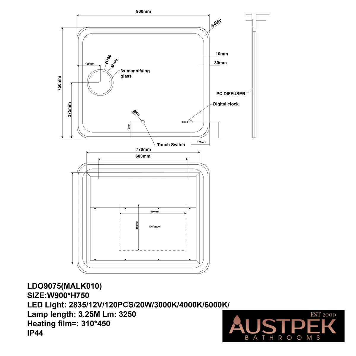 900*750mm Curved Rim Rectangle 3 Color Lighting Frontlit LED Mirror Magnifier Touch Sensor Switch Defogger Pad Wall Mounted