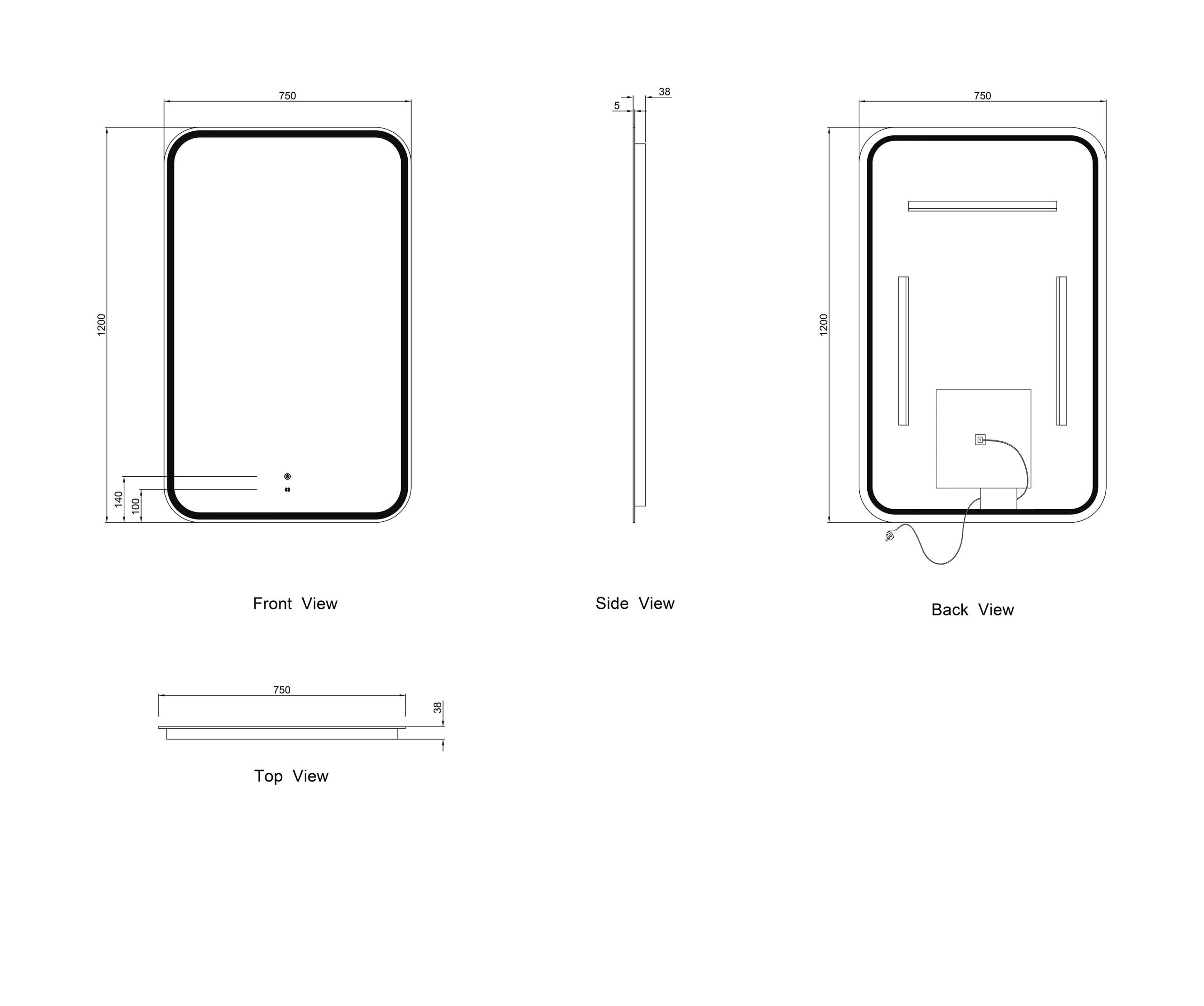 OTTI LED Newport 1200(W)x750(H) Frameless Tuffi Mirror - Install Horizontal or Vertical