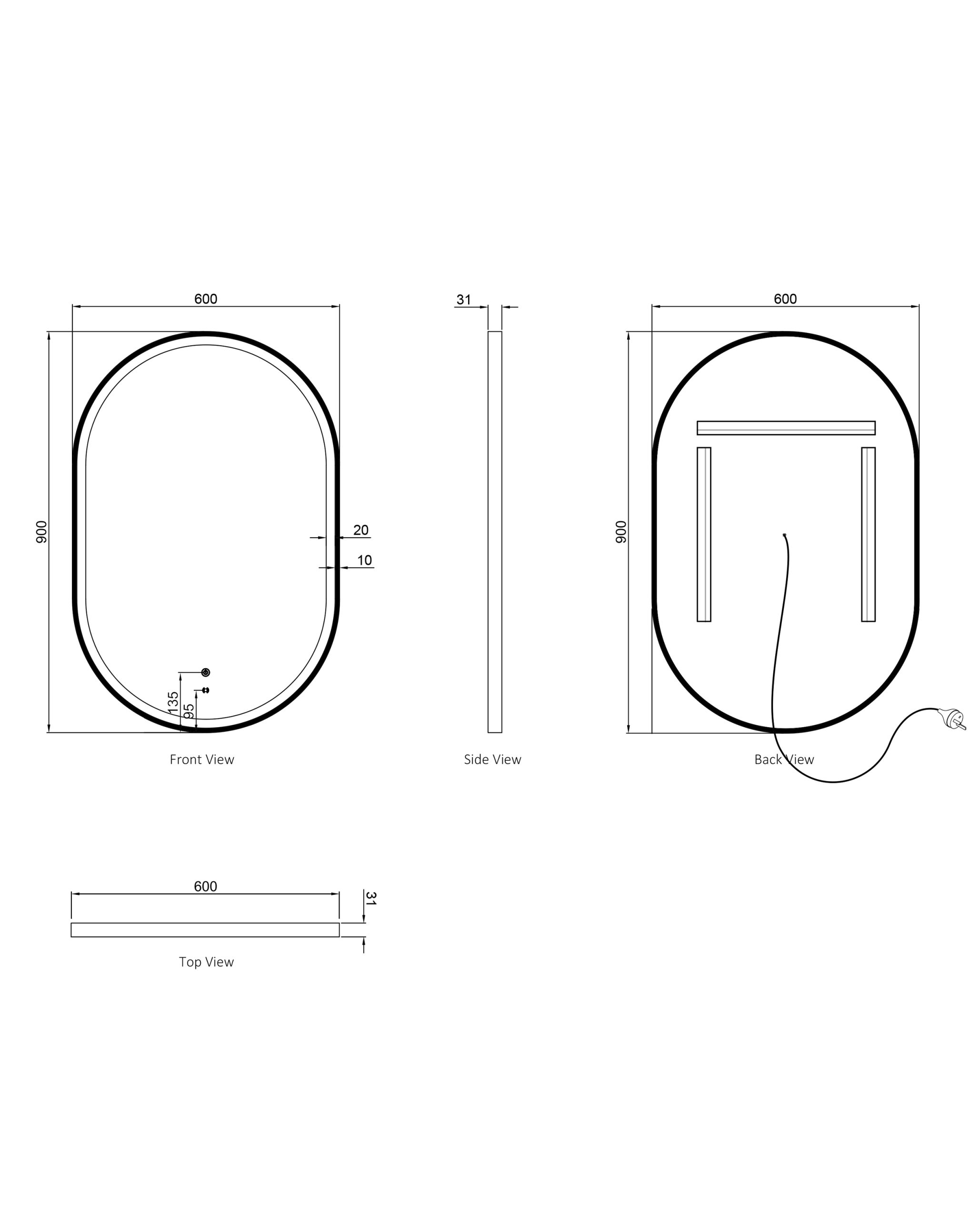 OTTI LED Noosa 900(H)x600(W) Black Metal Frame Tuffi Mirror- Install Horizontal or Vertical