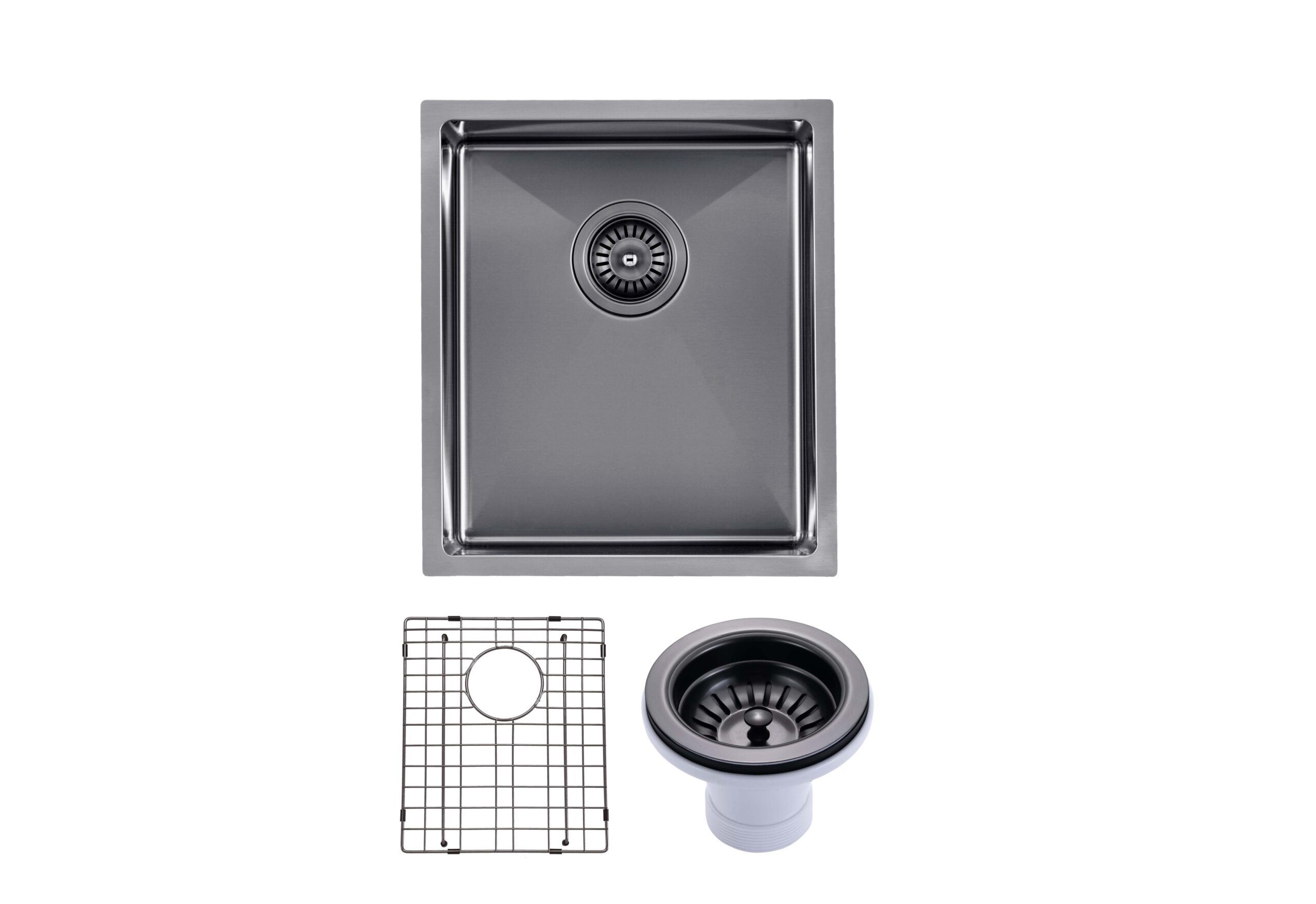 (C-390 Black)Round Corner Stainless Steel Gun Metal Grey PVD Coating Single Bowl Kitchen Sink(with Bottom Tray) 390*450*215mm