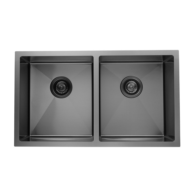 Round Corner Dark Grey Aquaperla Stainless Steel Handmade Double Bowl Kitchen Sink 770*450*215mm(with dark grey waste)