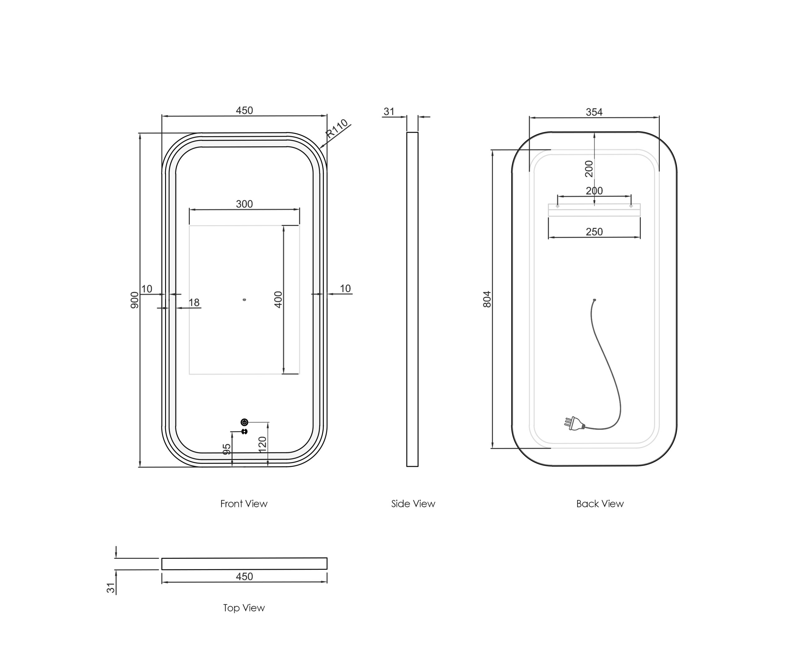 OTTI LED Newport 900(H)x450(W) Gold Metal Frame Mirror Soft Square
