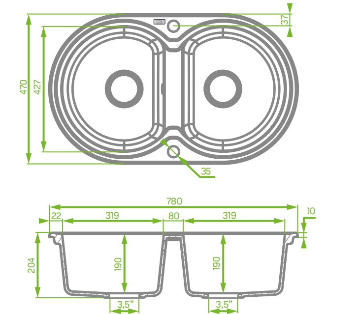 Laveo Dafne Grey Granite Double Bowl Stone Kitchen Sink 470*780*204mm(including Space Saving Siphon and Click-clack Plug)