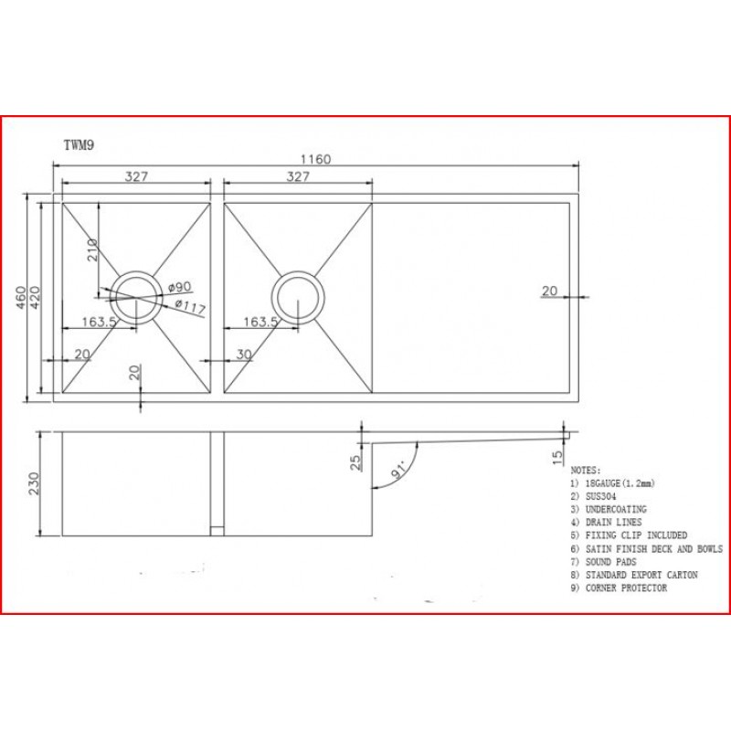 Aquaperla Round Corner Chrome Stainless Steel Handmade Double Bowl with Drain Board Kitchen Sink 1160*460*230mm