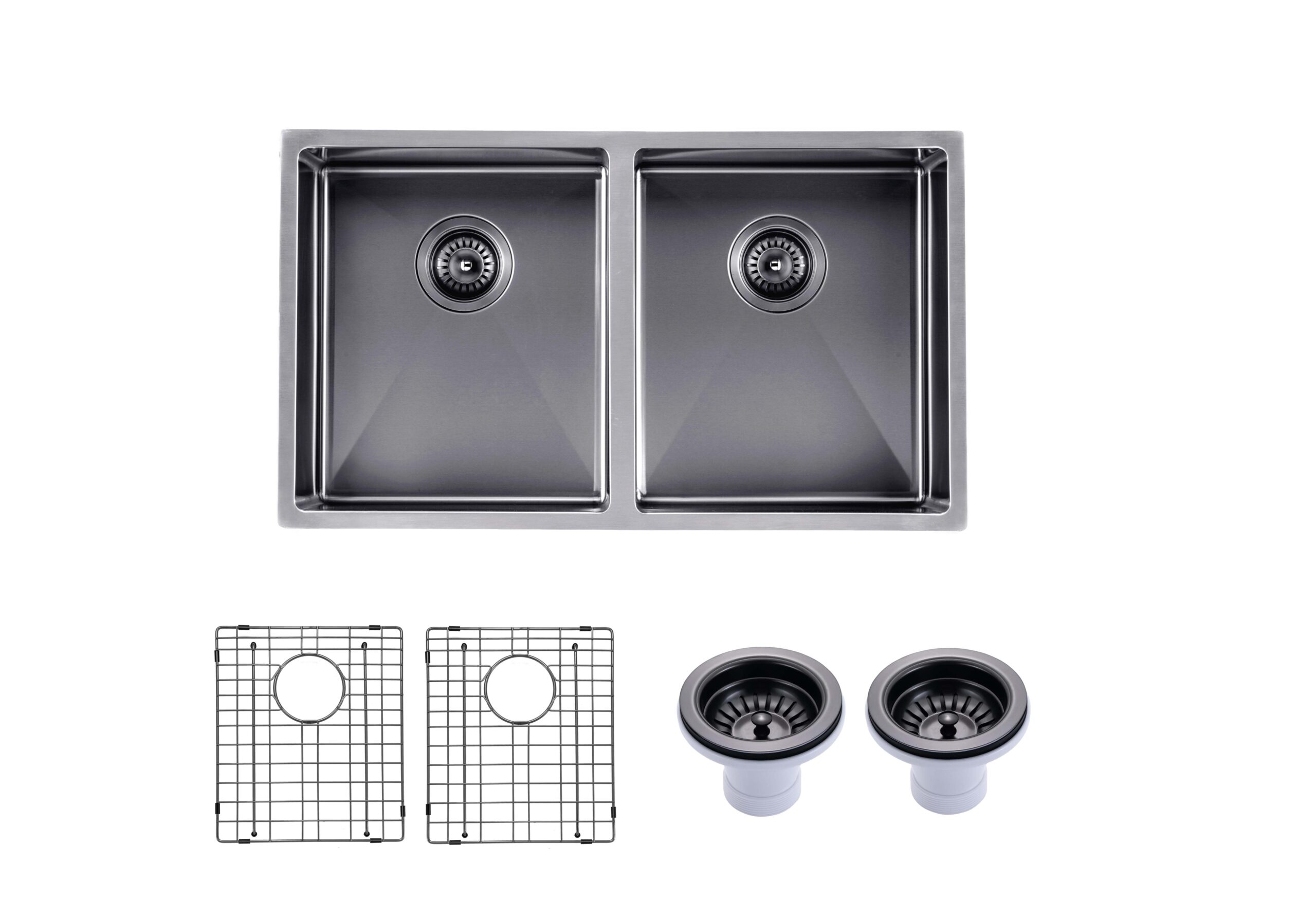 (C-770 Black)Round Corner Stainless Steel Gun Metal Grey PVD Coating Double Bowl Kitchen Sink(with Bottom Tray) 770*450*215mm