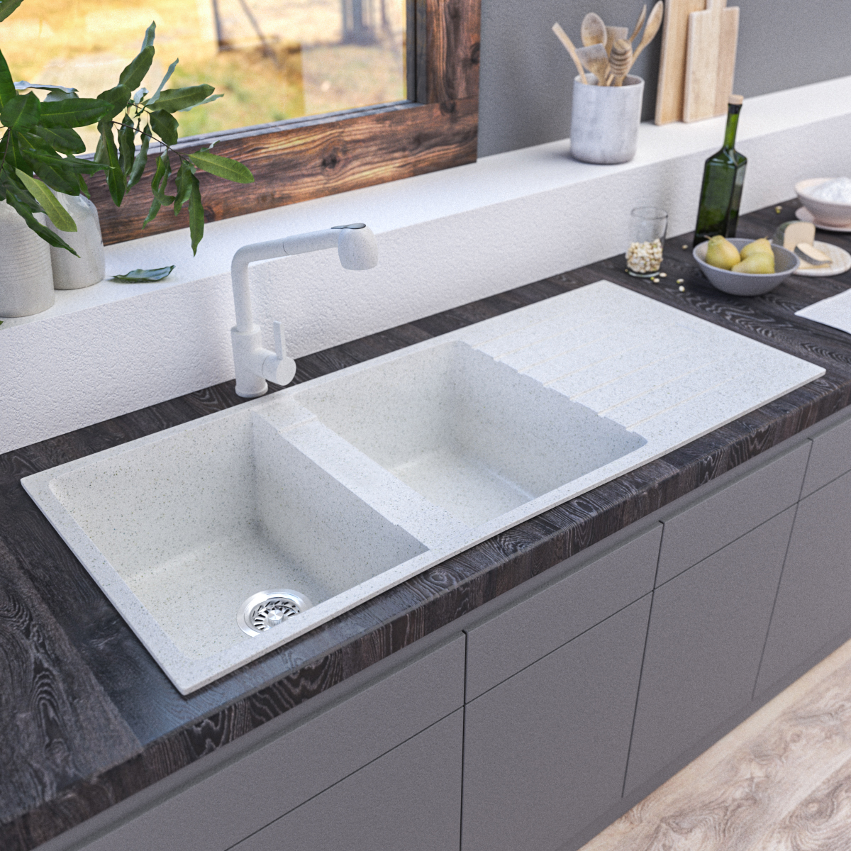 1160 x 500mm White Granite Sink with Drainer – Double Bowl | Scratch & Stain Resistant