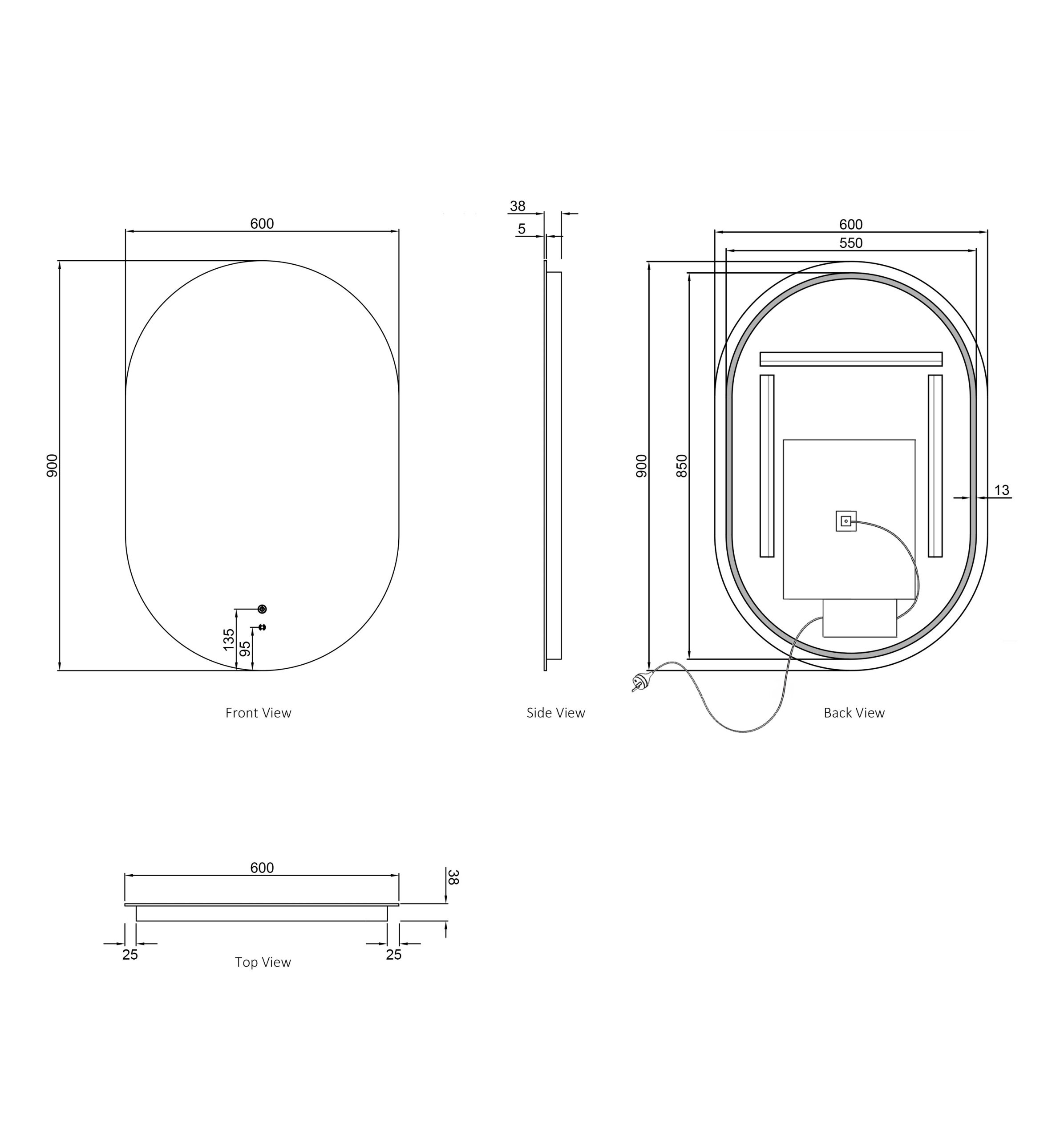 OTTI LED Noosa 900(H)x600(W) Frameless Tuffi Mirror - Install Horizontal or Vertical