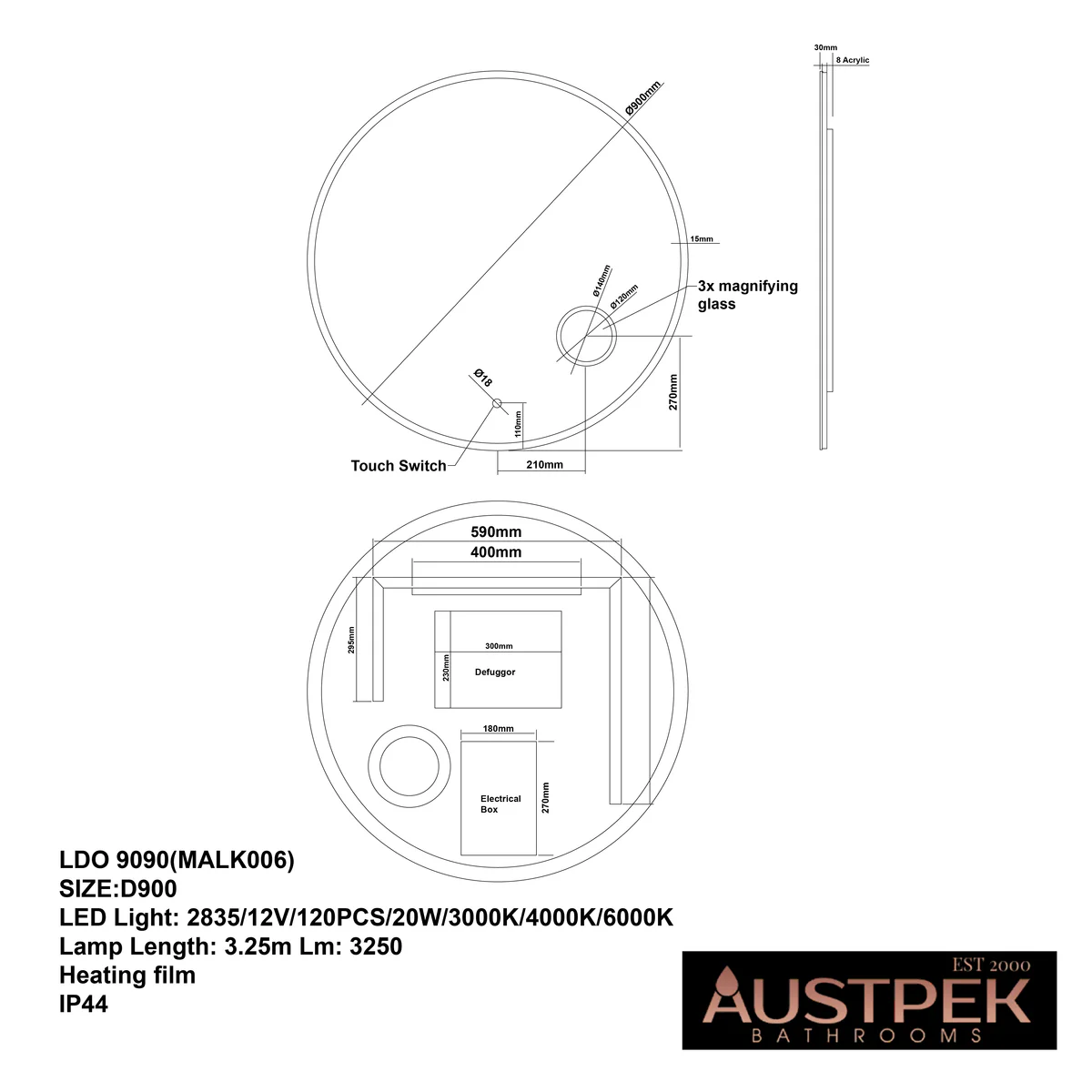 900mm Round 3 Color Lighting Frontlit Acrylic LED Mirror Touch Sensor Switch Defogger Pad Wall Mounted(Come with Magnifier)