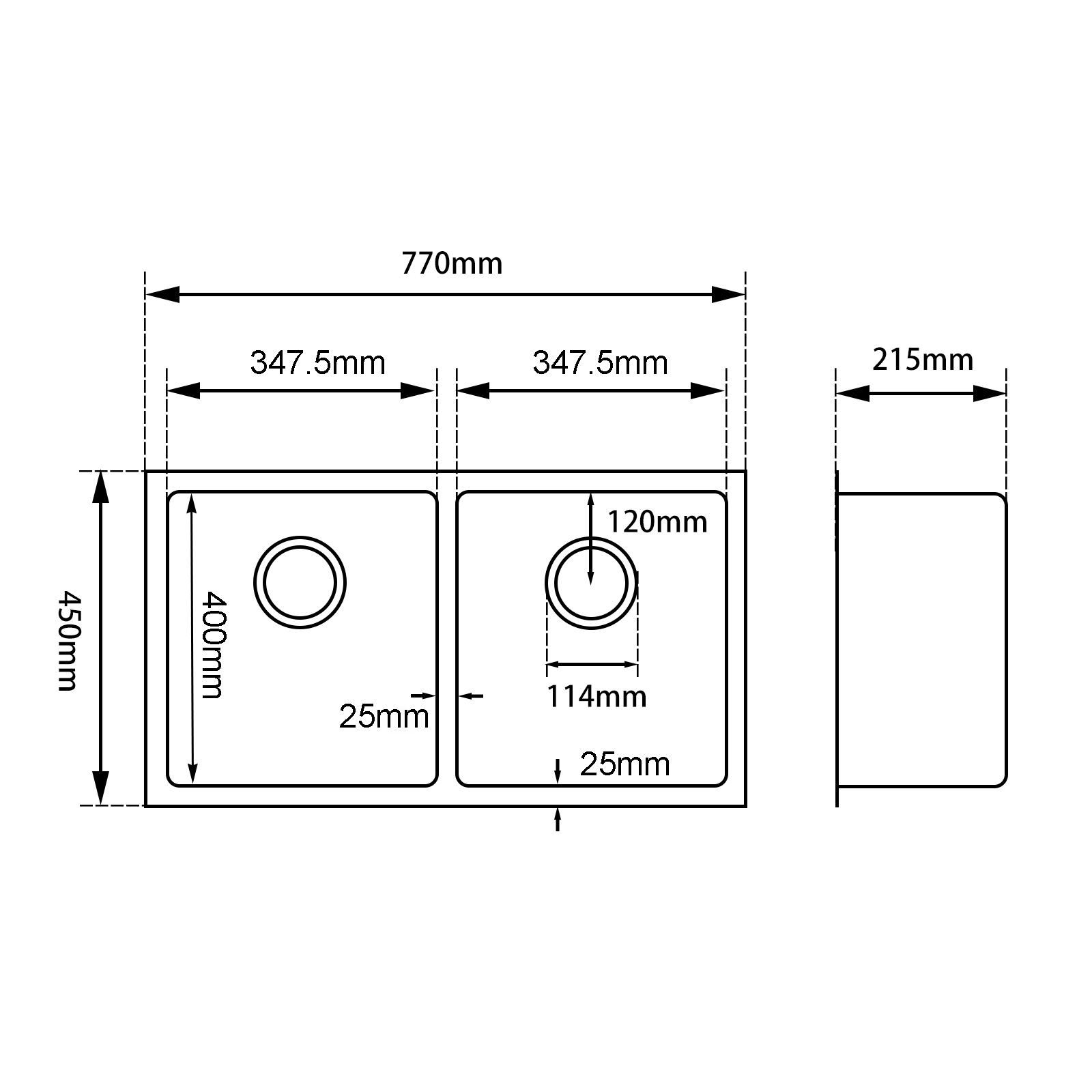 Round Corner Dark Grey Aquaperla Stainless Steel Handmade Double Bowl Kitchen Sink 770*450*215mm(with dark grey waste)