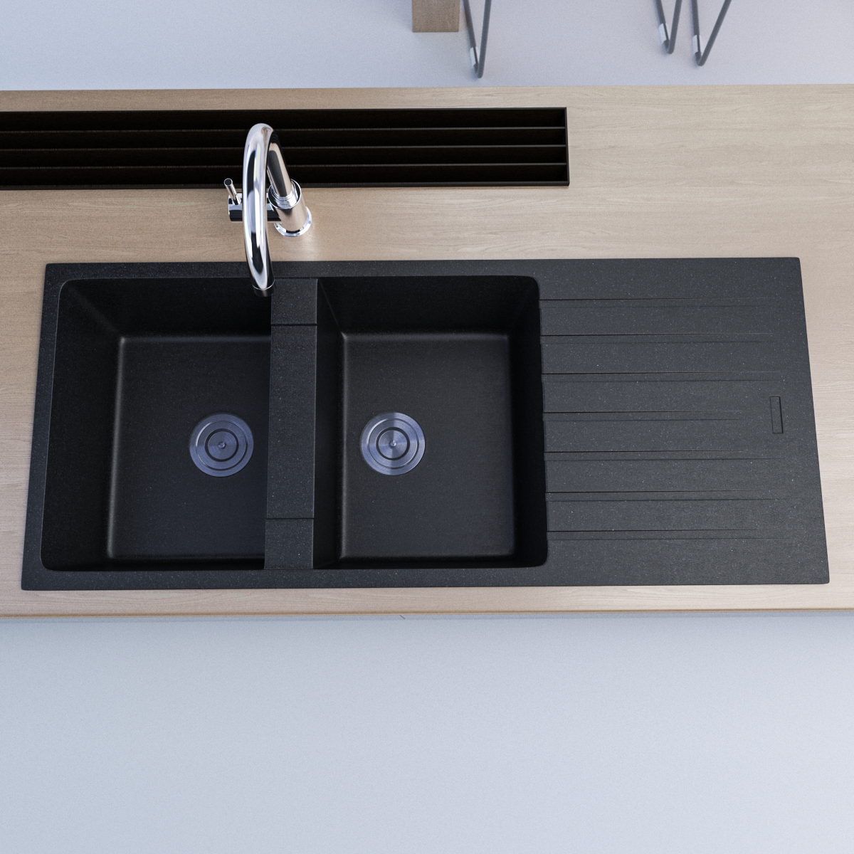 1160 x 500mm Black Granite Sink with Drainer – Double Bowl | Scratch & Stain Resistant