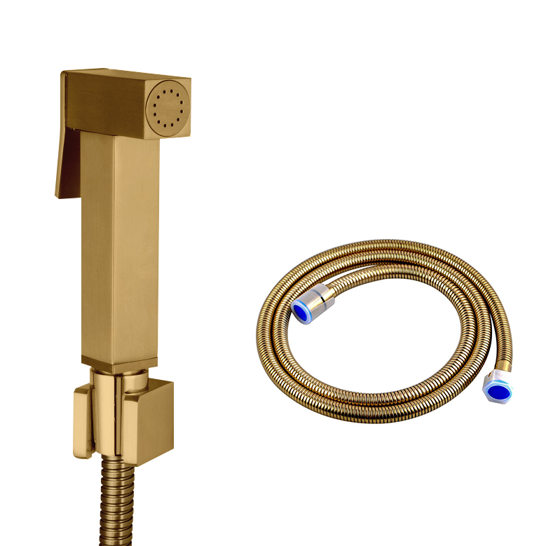 Square Brushed Brass Toilet Bidet Spray Kit with Stainless Steel Hose