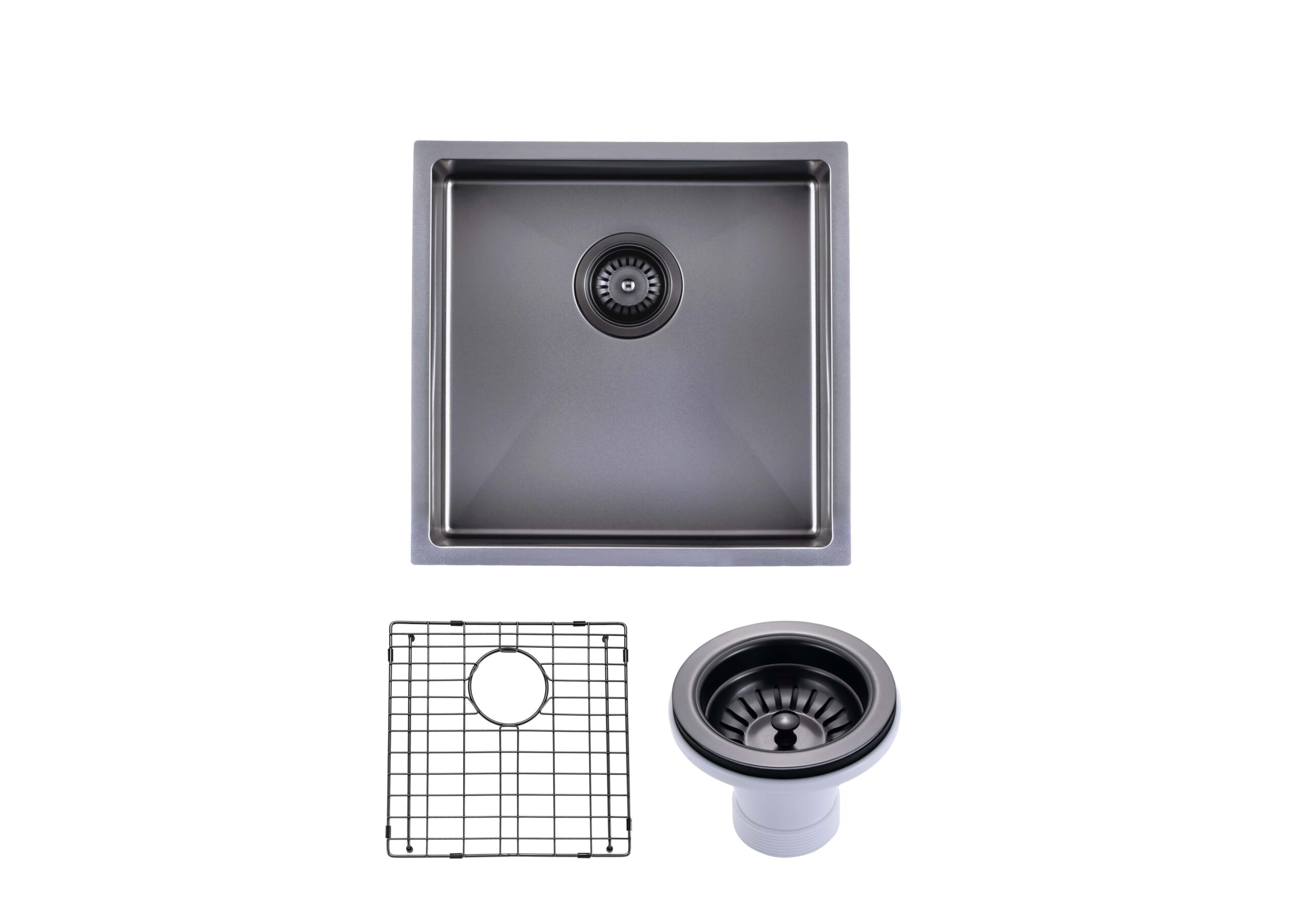(C-440 Black)Round Corner Stainless Steel Gun Metal Grey PVD Coating Single Bowl Kitchen Sink(with Bottom Tray) 440*440*205mm