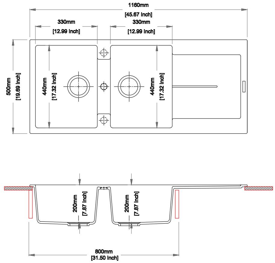 Black Carysil Enigma D200 Granite Double Bowl with Drain Board Stone Kitchen Sink 1160460200mm
