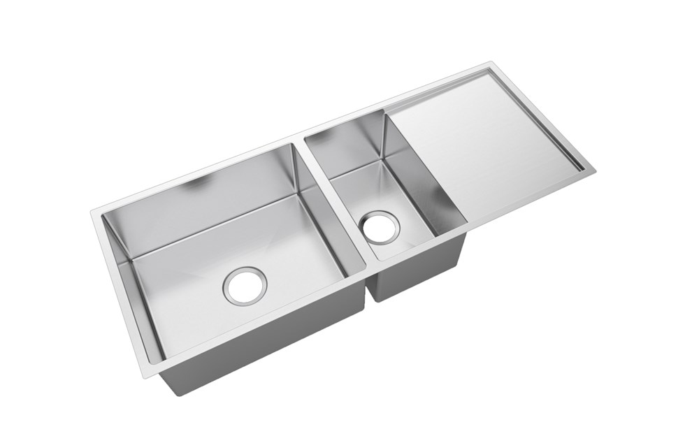 Aquaperla Round Corner Chrome Stainless Steel Handmade 1 and 1/2 Bowl Kitchen Sink with Drain Board 1160*460*230mm