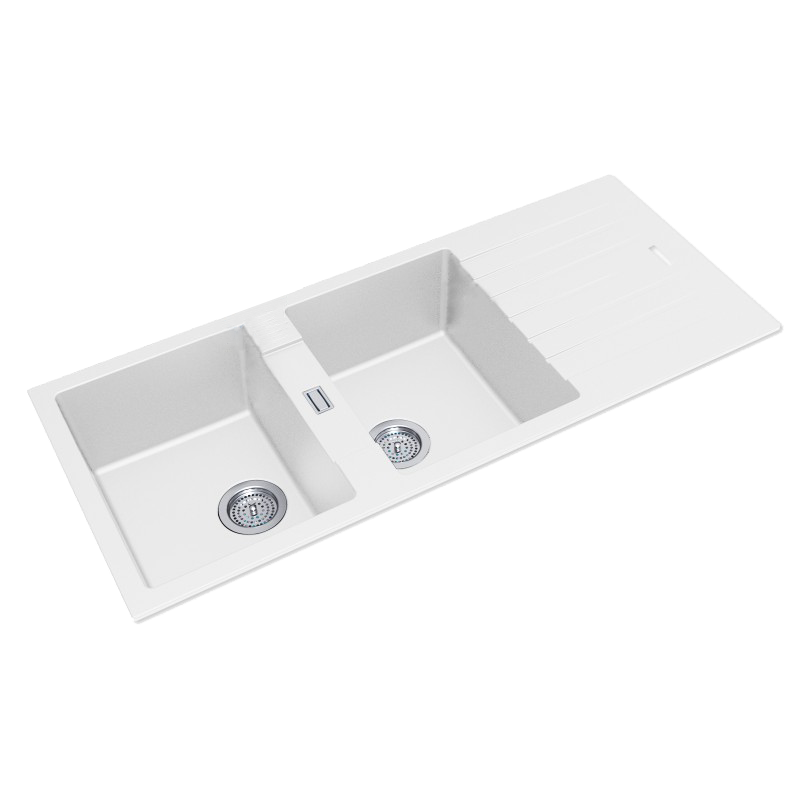 White Arete Stone Granite Double Bowl with Drain Board Kitchen Sink (1160×500×200 mm)
