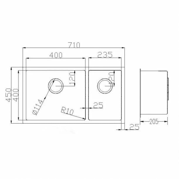 Aquaperla Round Corner Dark Grey Stainless Steel Handmade 1 and 1/2 Bowl Kitchen Sink 710*450*205mm