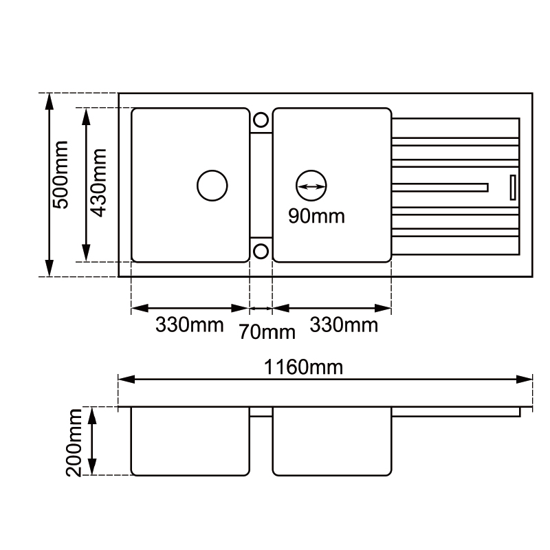 White Arete Stone Granite Double Bowl with Drain Board Kitchen Sink (1160×500×200 mm)